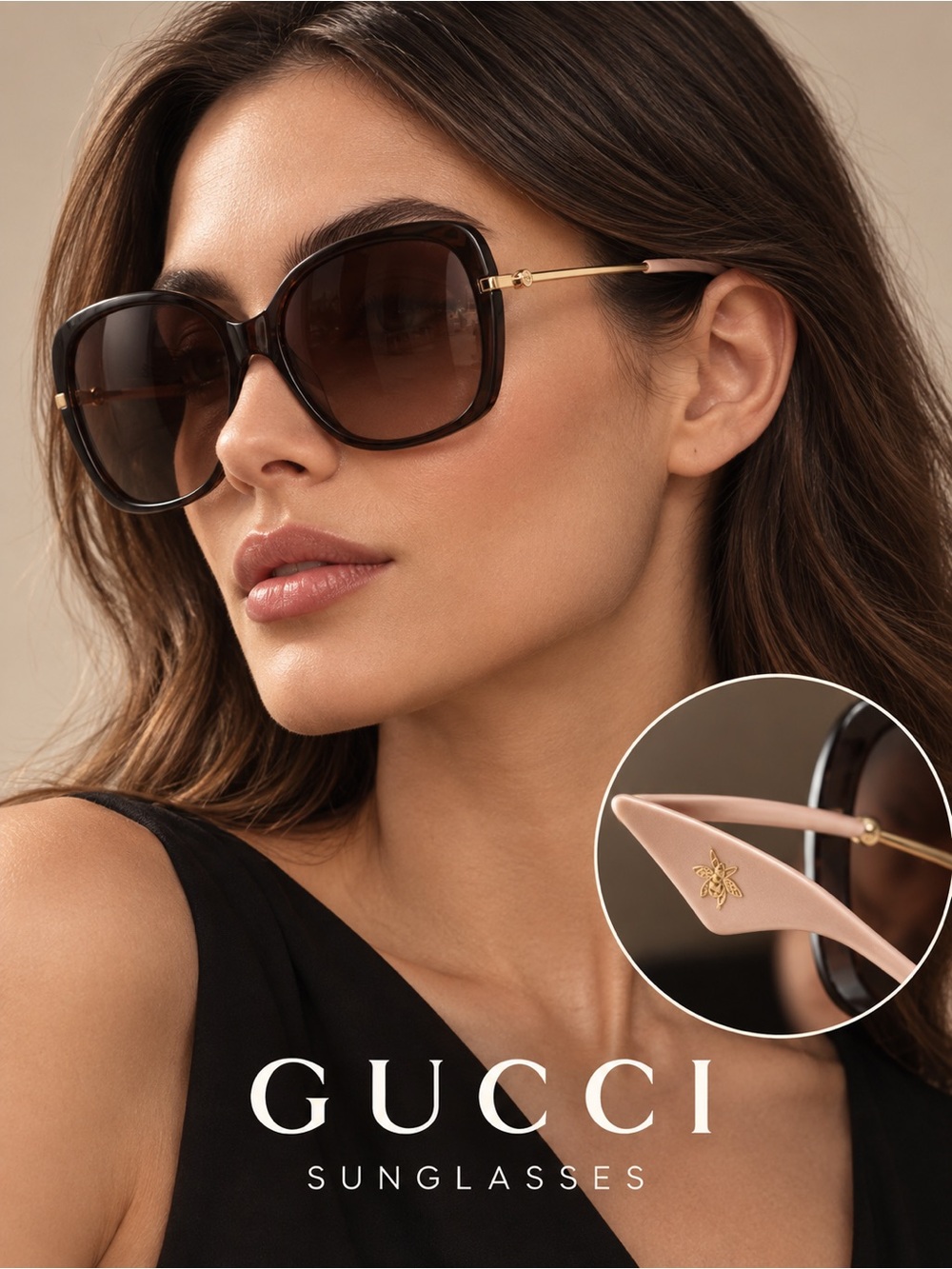 Gucci Oversized Square Sunglasses in Brown with Blush Temples